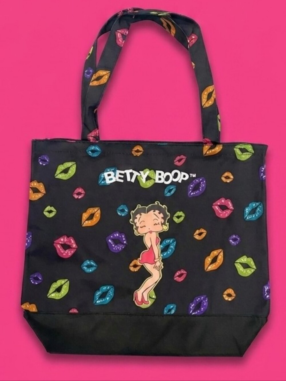 Betty Boop Black Tote with Multicolored Lip Pattern